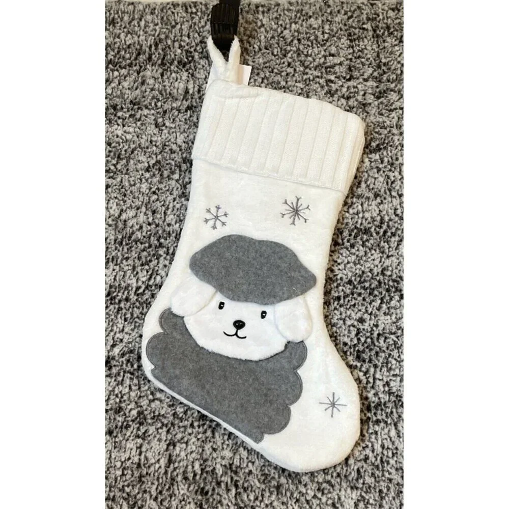 Christmas Holiday Stocking White Grey Puppy Dog Beret NEW 17 Inch NEW‎